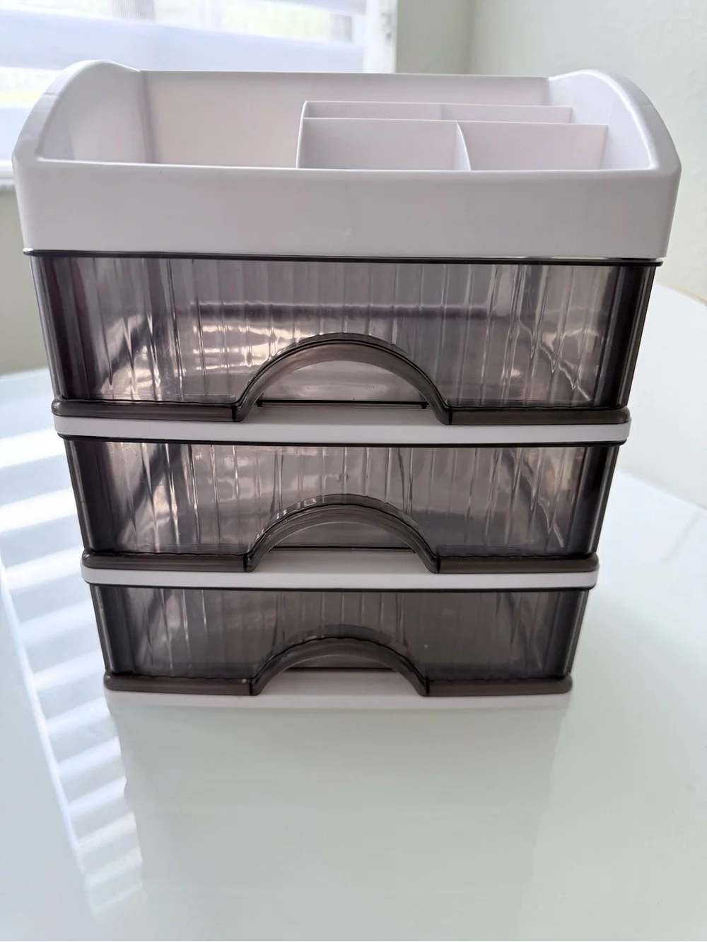 White Desktop, Makeup or Skincare Organizer with 3 Smoke-Tone Drawers